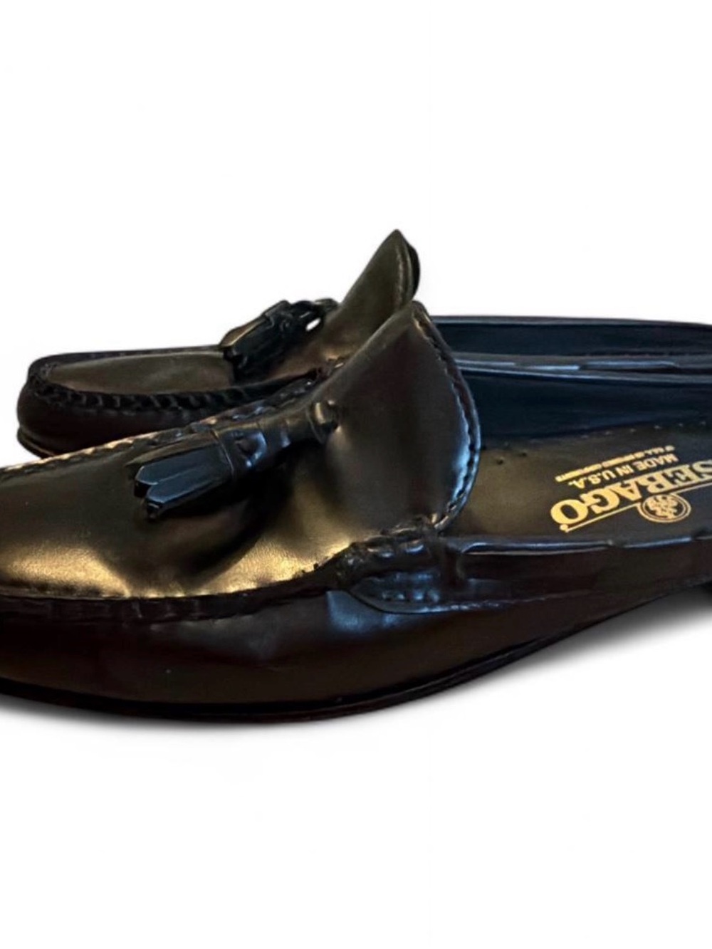 Sebago Black Leather Tassel Moc Toe Loafers